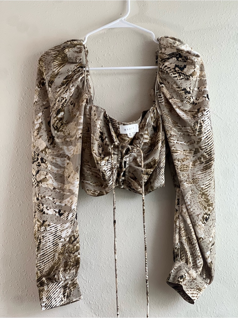 MARBLE Beige and Brown Snake-Print Ruched Long-Sleeve Crop Top
